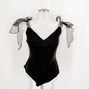 Le Lis Elegant Black Bodysuit with Sheer Bow Straps